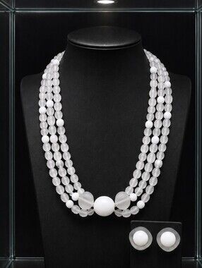 Lucite Frosted Chunky White Clear PLASTIC Molded Beads Vintage Necklace Earrings